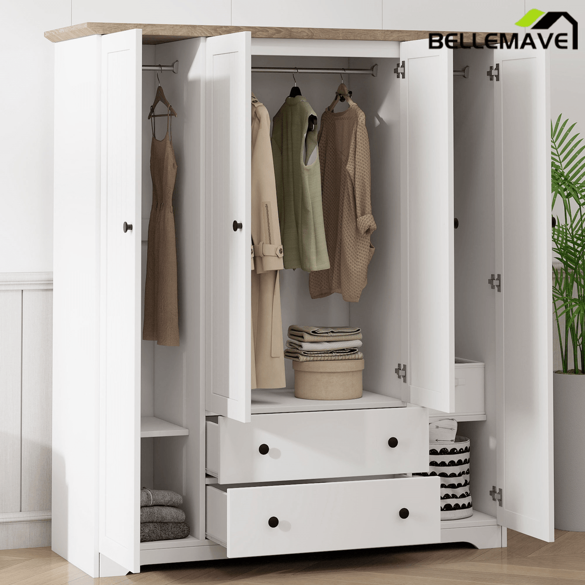 Bellemave® Wooden Freestanding Wardrobe Cabinet with 2 Hanging Rods, 2 Drawers & Shelves for Bedroom, Guestroom - Bellemave