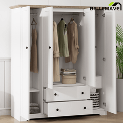 Bellemave® Wooden Freestanding Wardrobe Cabinet with 2 Hanging Rods, 2 Drawers & Shelves for Bedroom, Guestroom - Bellemave