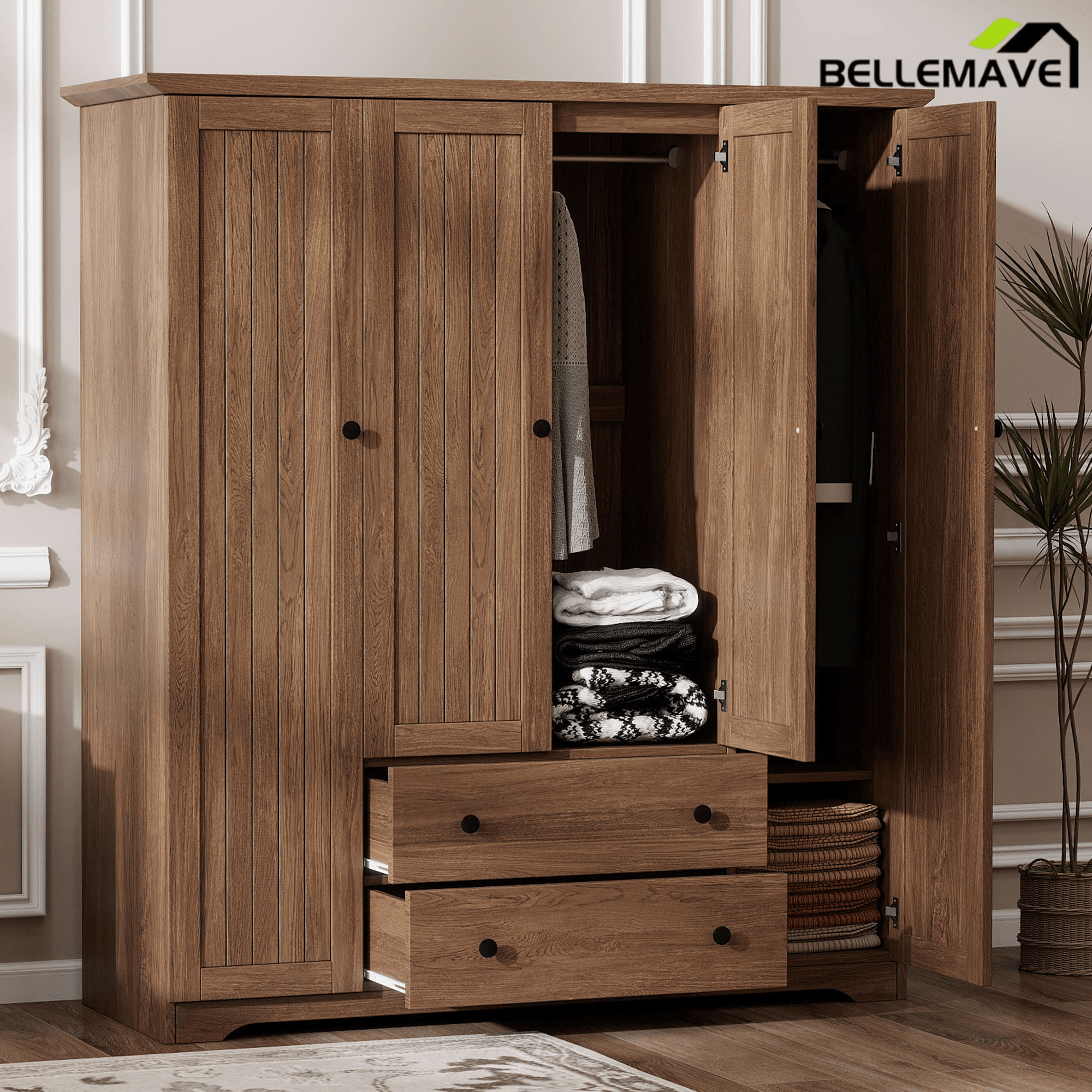 Bellemave® Wooden Freestanding Wardrobe Cabinet with 2 Hanging Rods, 2 Drawers & Shelves for Bedroom, Guestroom - Bellemave