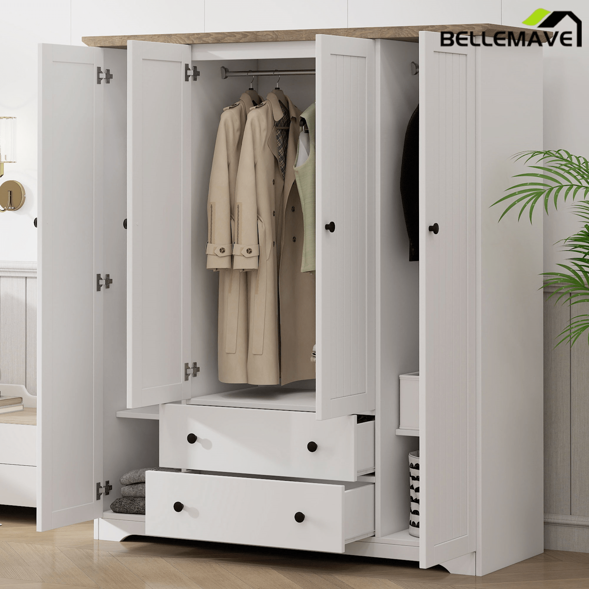 Bellemave® Wooden Freestanding Wardrobe Cabinet with 2 Hanging Rods, 2 Drawers & Shelves for Bedroom, Guestroom - Bellemave