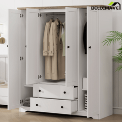 Bellemave® Wooden Freestanding Wardrobe Cabinet with 2 Hanging Rods, 2 Drawers & Shelves for Bedroom, Guestroom - Bellemave