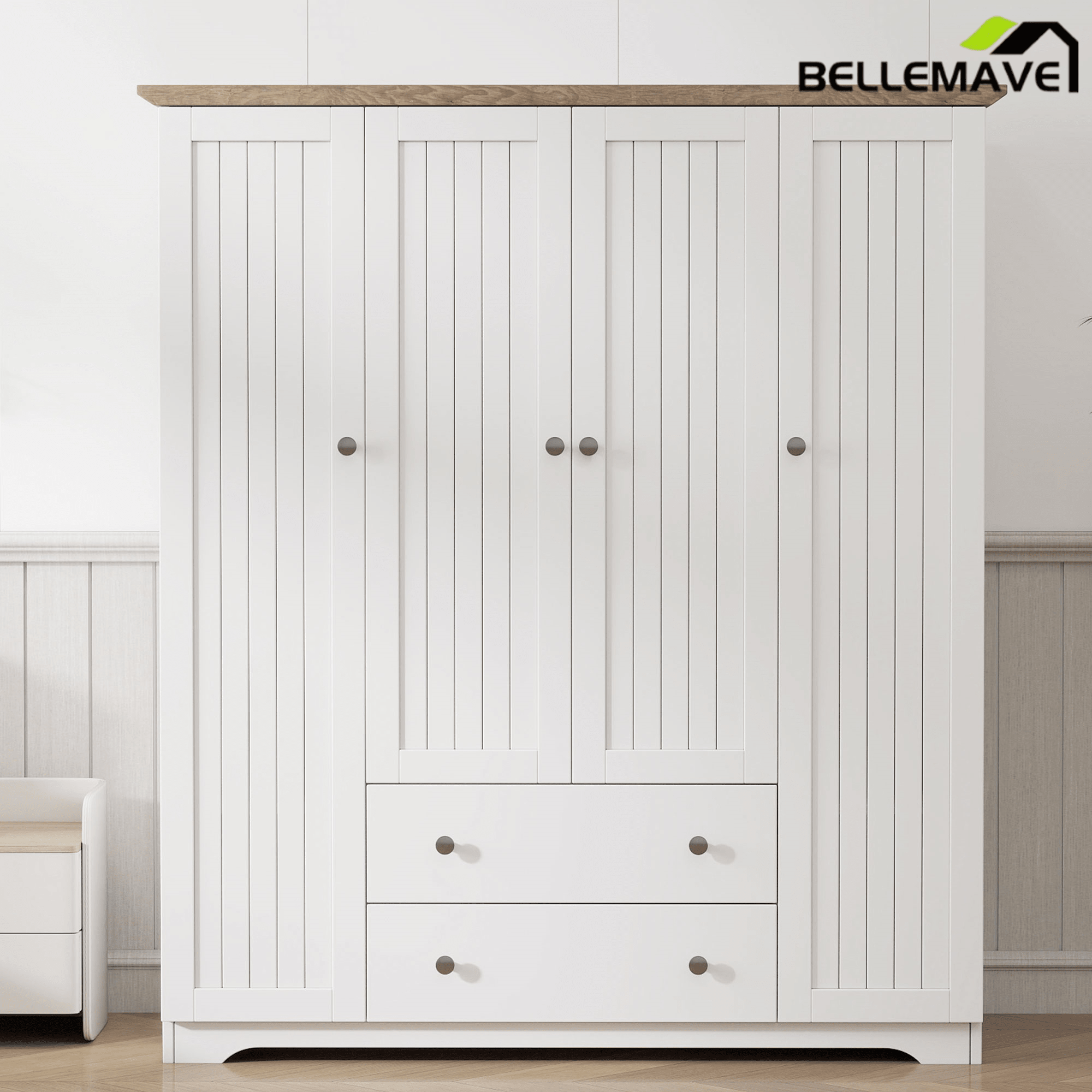 Bellemave® Wooden Freestanding Wardrobe Cabinet with 2 Hanging Rods, 2 Drawers & Shelves for Bedroom, Guestroom - Bellemave