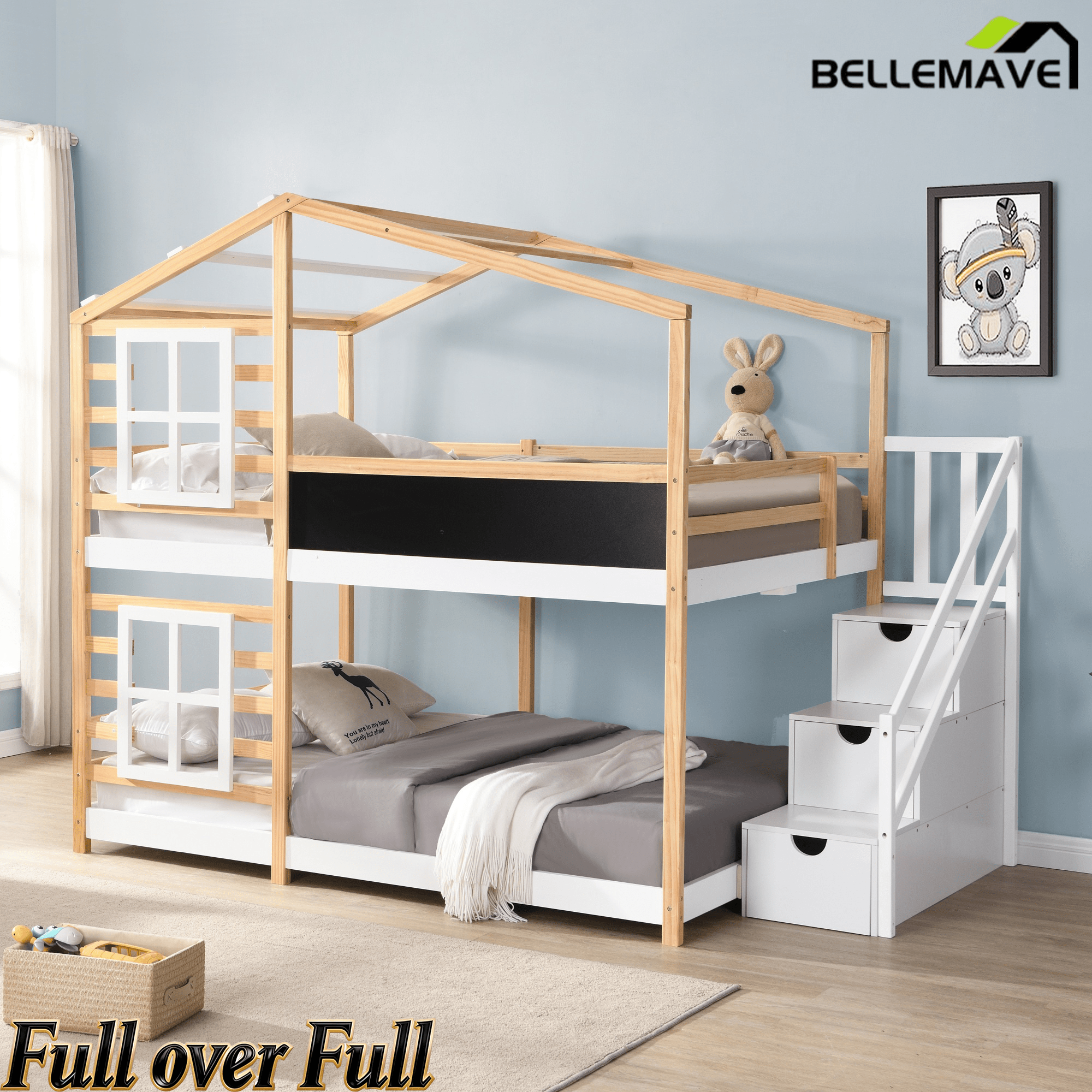 Bellemave® Wooden House Bed Frame with Roof/Window, House Bunk Bed with Storage Stairs - Bellemave