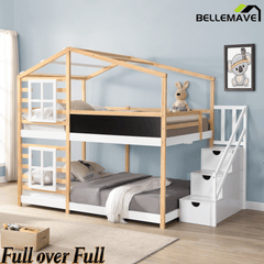 Bellemave® Wooden House Bed Frame with Roof/Window, House Bunk Bed with Storage Stairs - Bellemave