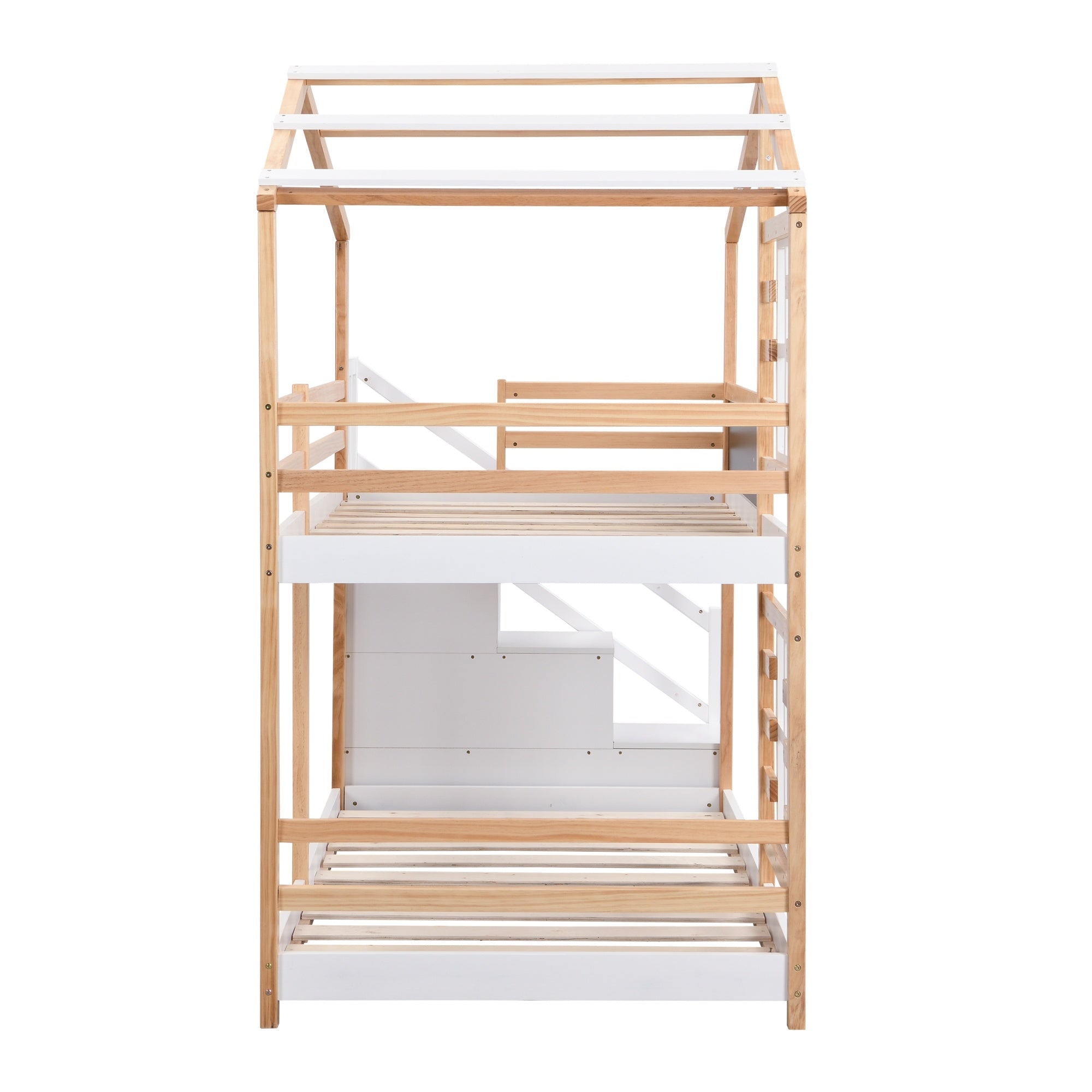 Bellemave® Wooden House Bed Frame with Roof/Window, House Bunk Bed with Storage Stairs - Bellemave