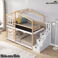 Bellemave® Wooden House Bed Frame with Roof/Window, House Bunk Bed with Storage Stairs - Bellemave