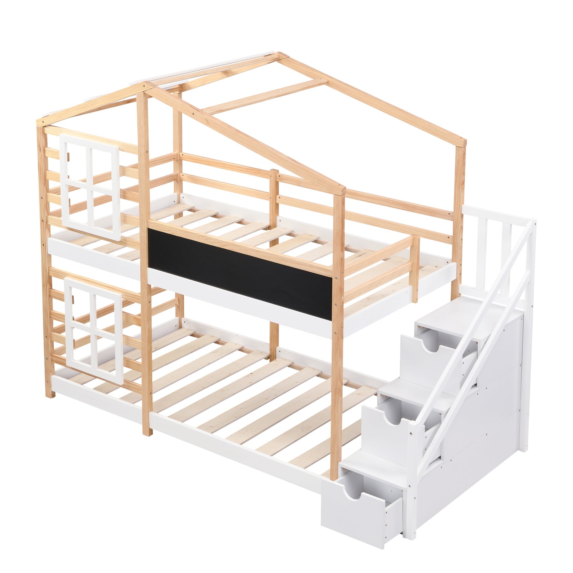 Bellemave® Wooden House Bed Frame with Roof/Window, House Bunk Bed with Storage Stairs - Bellemave