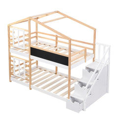 Bellemave® Wooden House Bed Frame with Roof/Window, House Bunk Bed with Storage Stairs - Bellemave