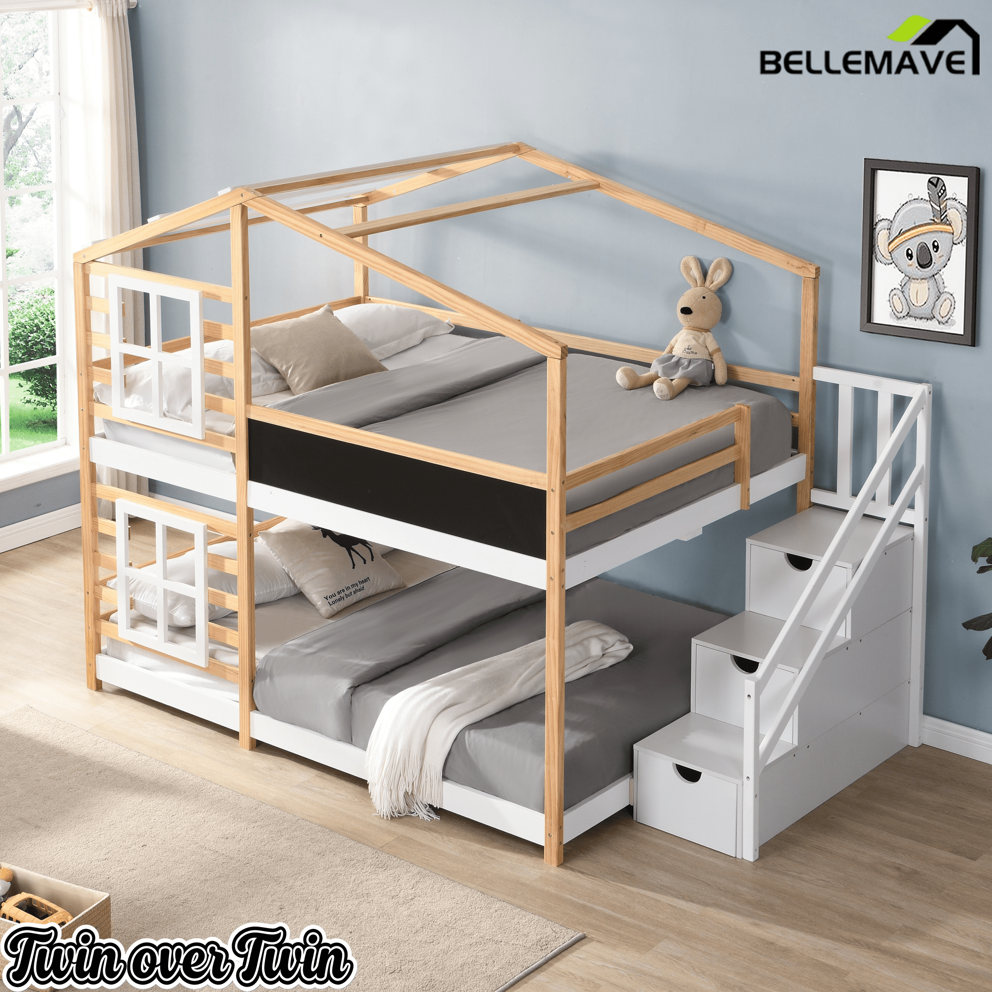 Bellemave® Wooden House Bed Frame with Roof/Window, House Bunk Bed with Storage Stairs - Bellemave