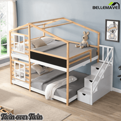 Bellemave® Wooden House Bed Frame with Roof/Window, House Bunk Bed with Storage Stairs - Bellemave