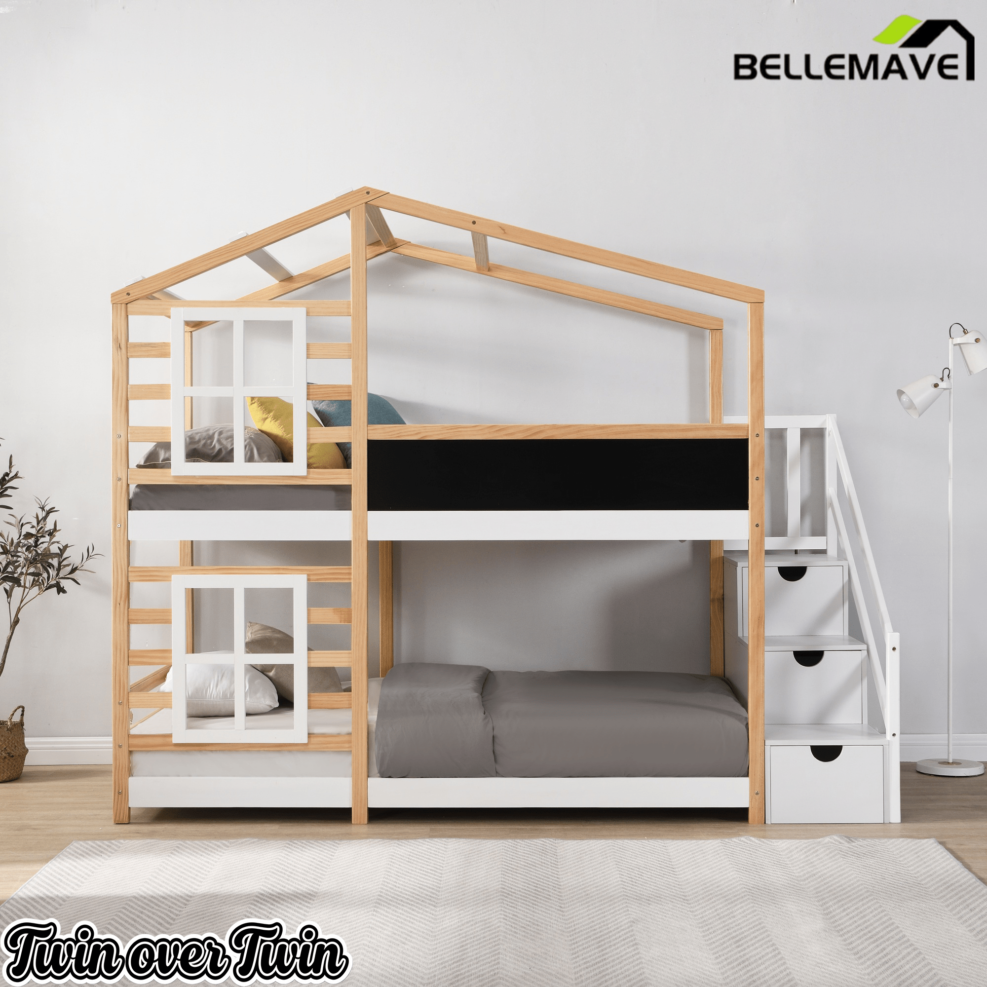 Bellemave® Wooden House Bed Frame with Roof/Window, House Bunk Bed with Storage Stairs - Bellemave