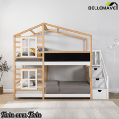 Bellemave® Wooden House Bed Frame with Roof/Window, House Bunk Bed with Storage Stairs - Bellemave