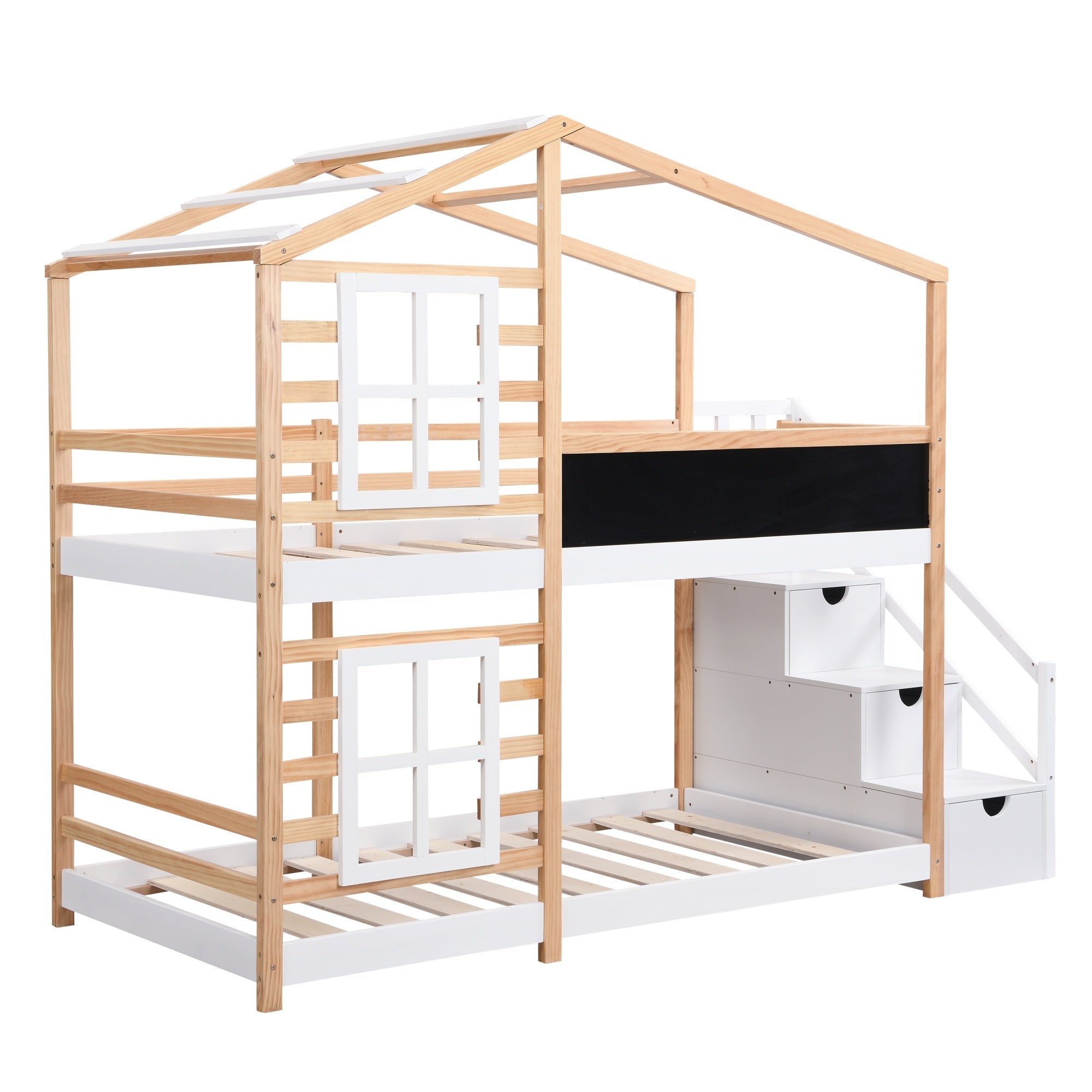 Bellemave® Wooden House Bed Frame with Roof/Window, House Bunk Bed with Storage Stairs - Bellemave