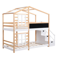 Bellemave® Wooden House Bed Frame with Roof/Window, House Bunk Bed with Storage Stairs - Bellemave