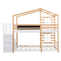 Bellemave® Wooden House Bed Frame with Roof/Window, House Bunk Bed with Storage Stairs - Bellemave
