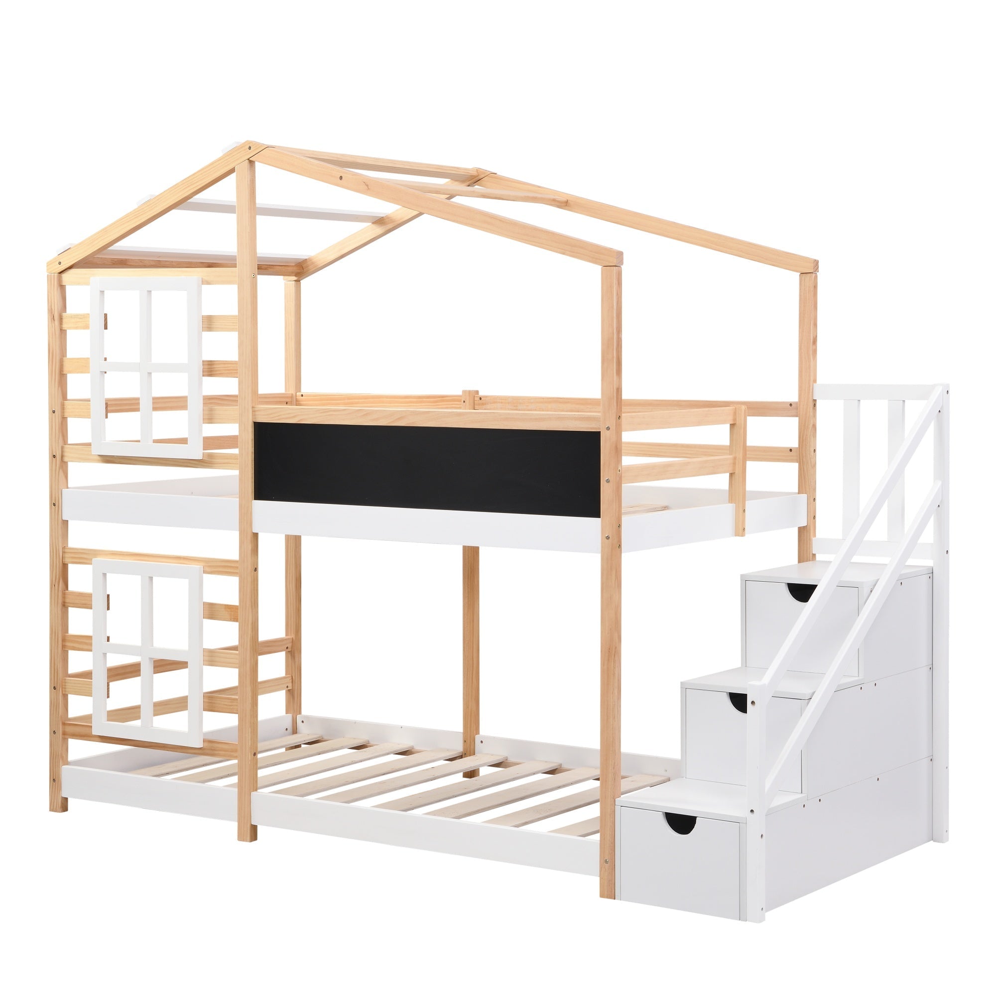 Bellemave® Wooden House Bed Frame with Roof/Window, House Bunk Bed with Storage Stairs - Bellemave