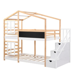 Bellemave® Wooden House Bed Frame with Roof/Window, House Bunk Bed with Storage Stairs - Bellemave