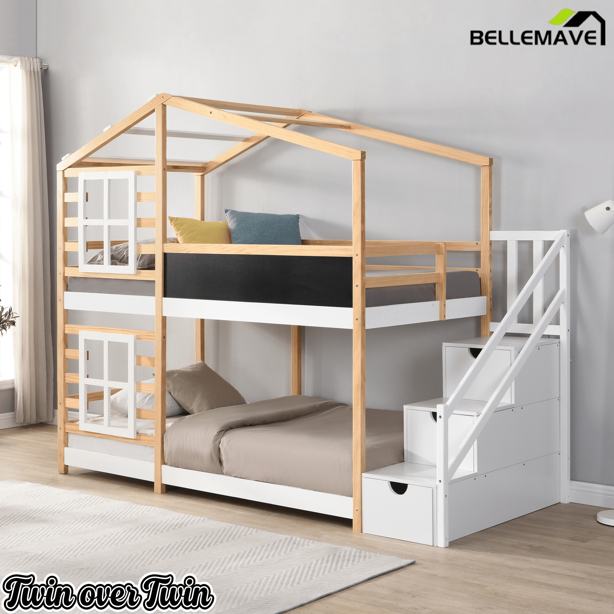 Bellemave® Wooden House Bed Frame with Roof/Window, House Bunk Bed with Storage Stairs - Bellemave