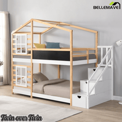 Bellemave® Wooden House Bed Frame with Roof/Window, House Bunk Bed with Storage Stairs - Bellemave