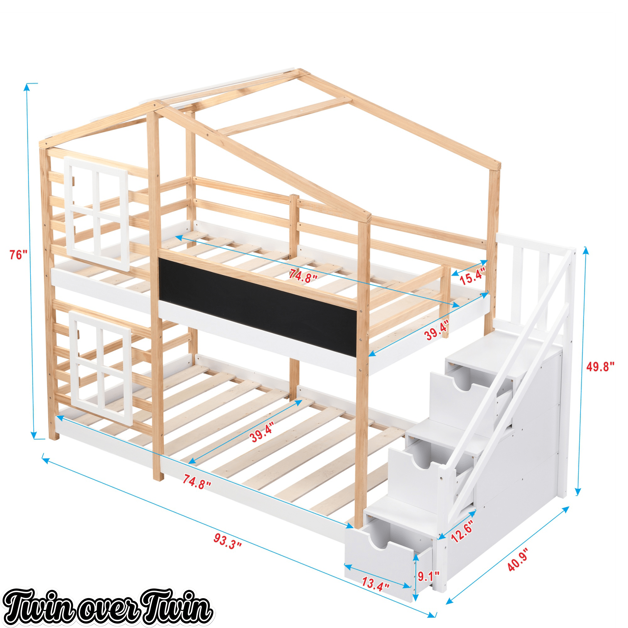 Bellemave® Wooden House Bed Frame with Roof/Window, House Bunk Bed with Storage Stairs - Bellemave