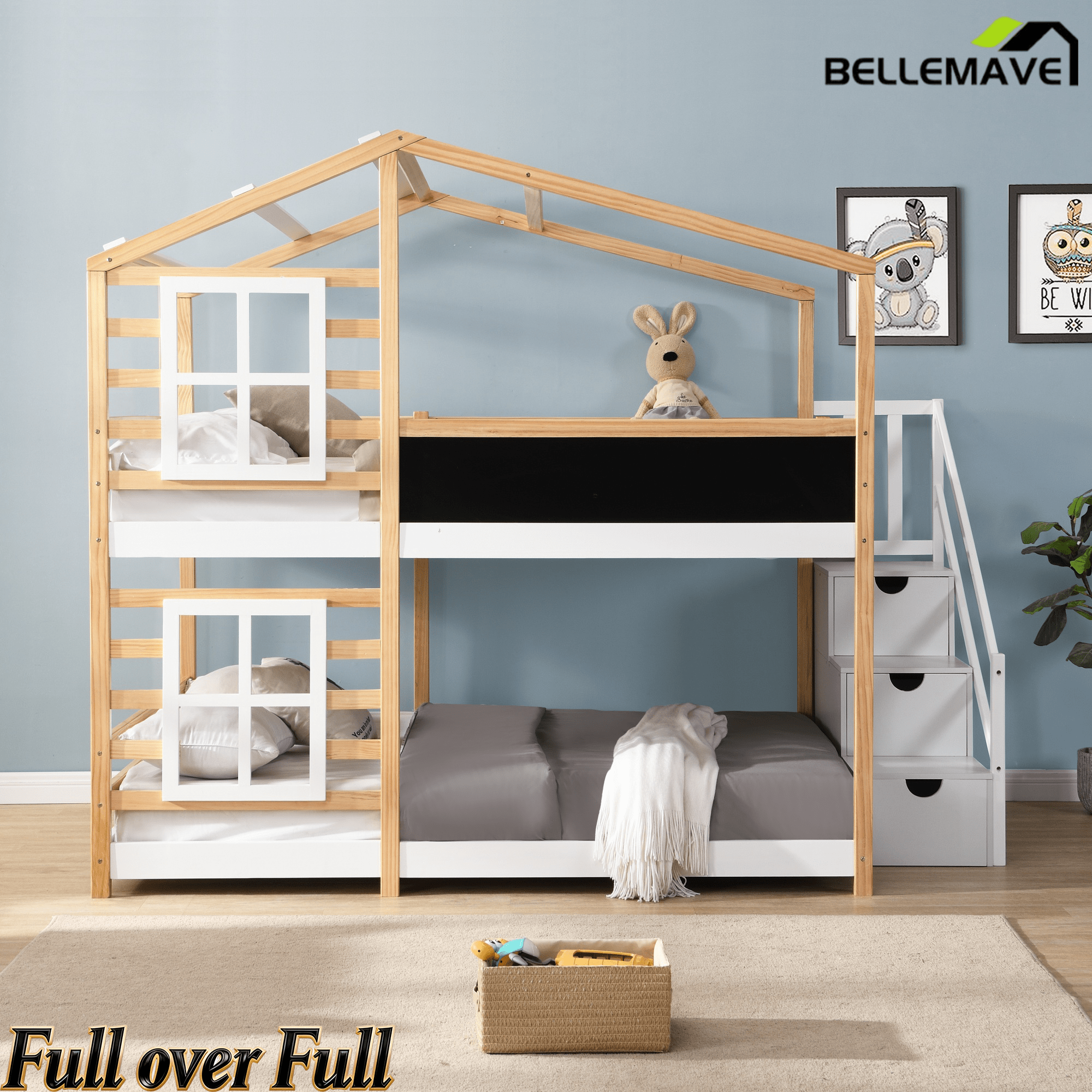 Bellemave® Wooden House Bed Frame with Roof/Window, House Bunk Bed with Storage Stairs - Bellemave