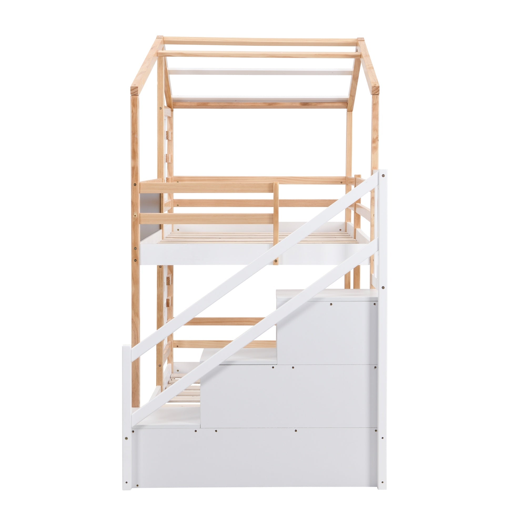 Bellemave® Wooden House Bed Frame with Roof/Window, House Bunk Bed with Storage Stairs - Bellemave