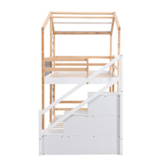Bellemave® Wooden House Bed Frame with Roof/Window, House Bunk Bed with Storage Stairs - Bellemave