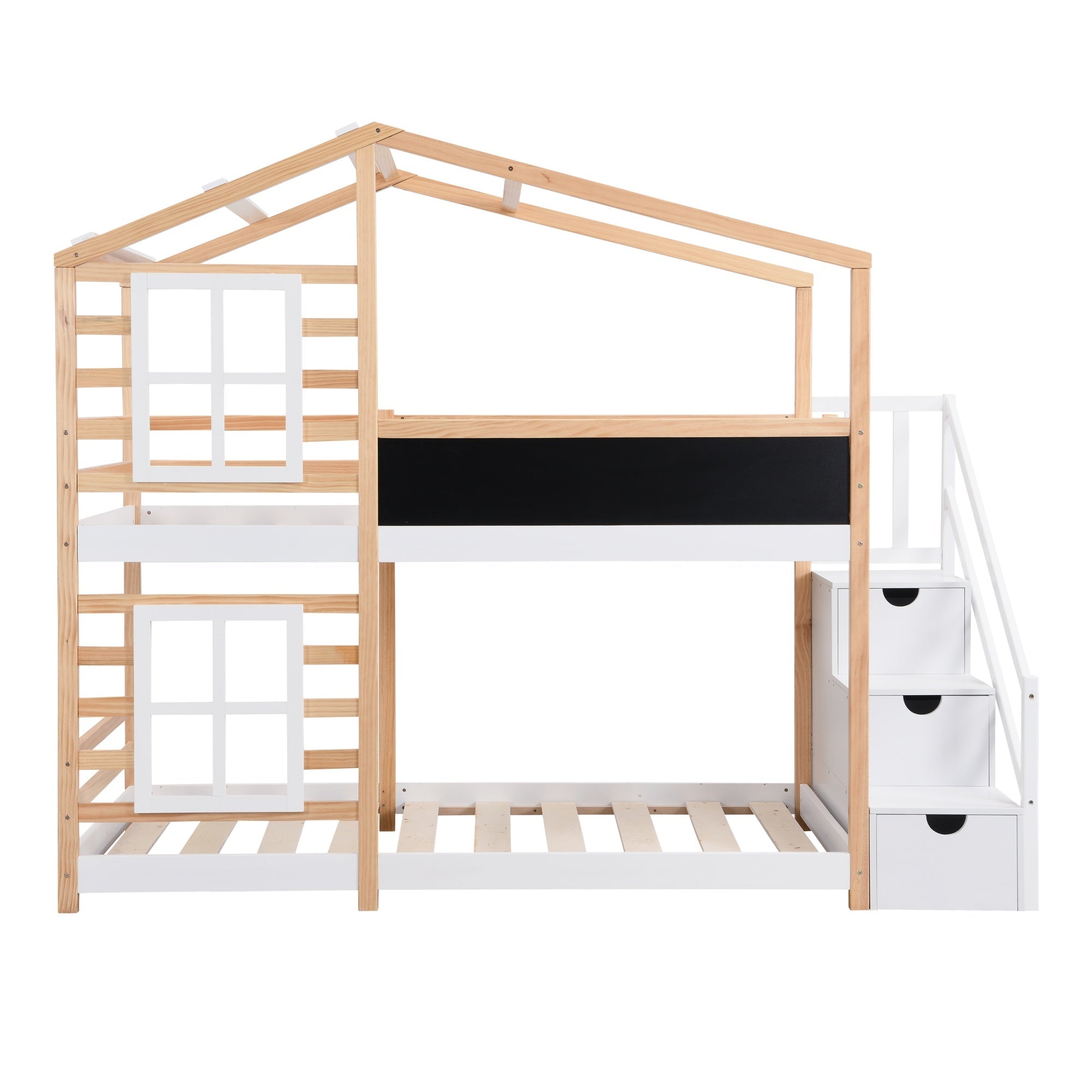 Bellemave® Wooden House Bed Frame with Roof/Window, House Bunk Bed with Storage Stairs - Bellemave