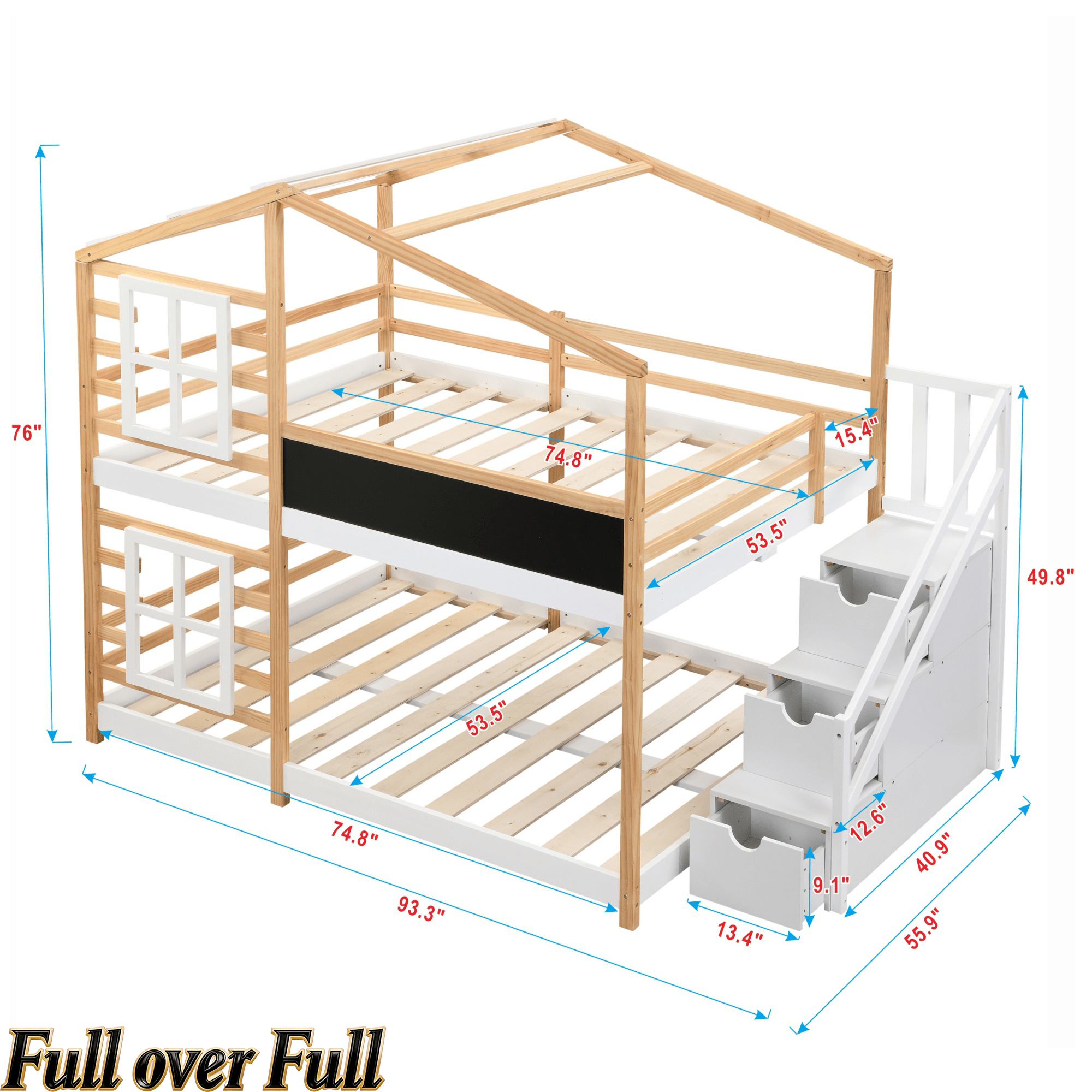 Bellemave® Wooden House Bed Frame with Roof/Window, House Bunk Bed with Storage Stairs - Bellemave