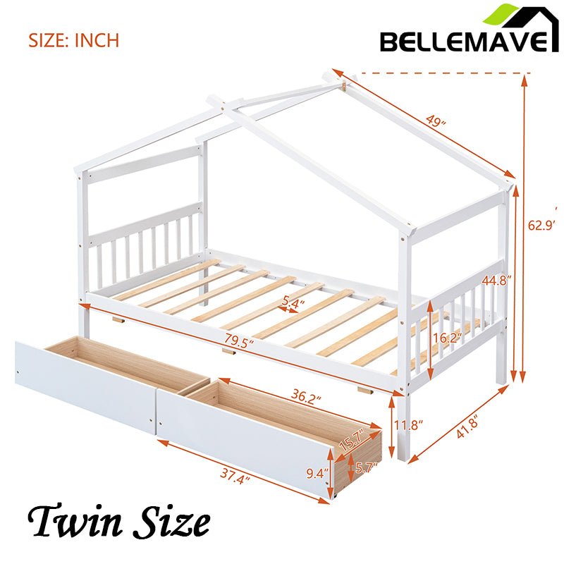 Bellemave® Wooden House Bed with 2 Drawers - Bellemave