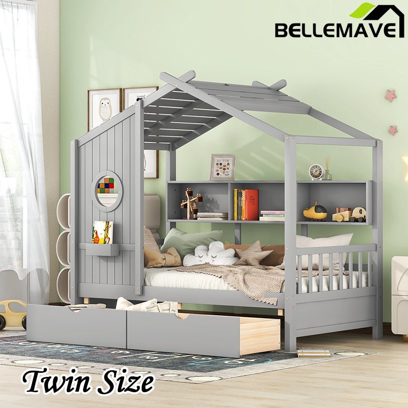 Bellemave® Wooden House Bed with 2 Drawers and Storage Shelf - Bellemave