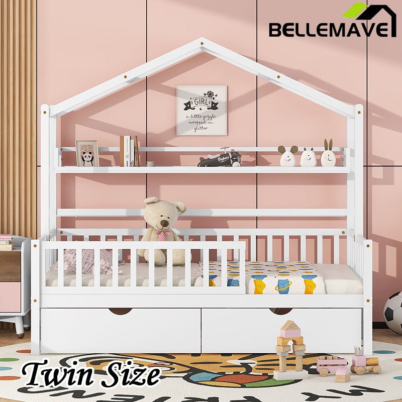 Bellemave® Wooden House Bed with 2 Drawers and Storage Shelf - Bellemave