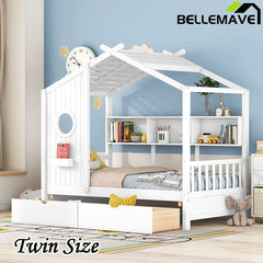 Bellemave® Wooden House Bed with 2 Drawers and Storage Shelf - Bellemave