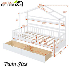 Bellemave® Wooden House Bed with 2 Drawers and Storage Shelf - Bellemave