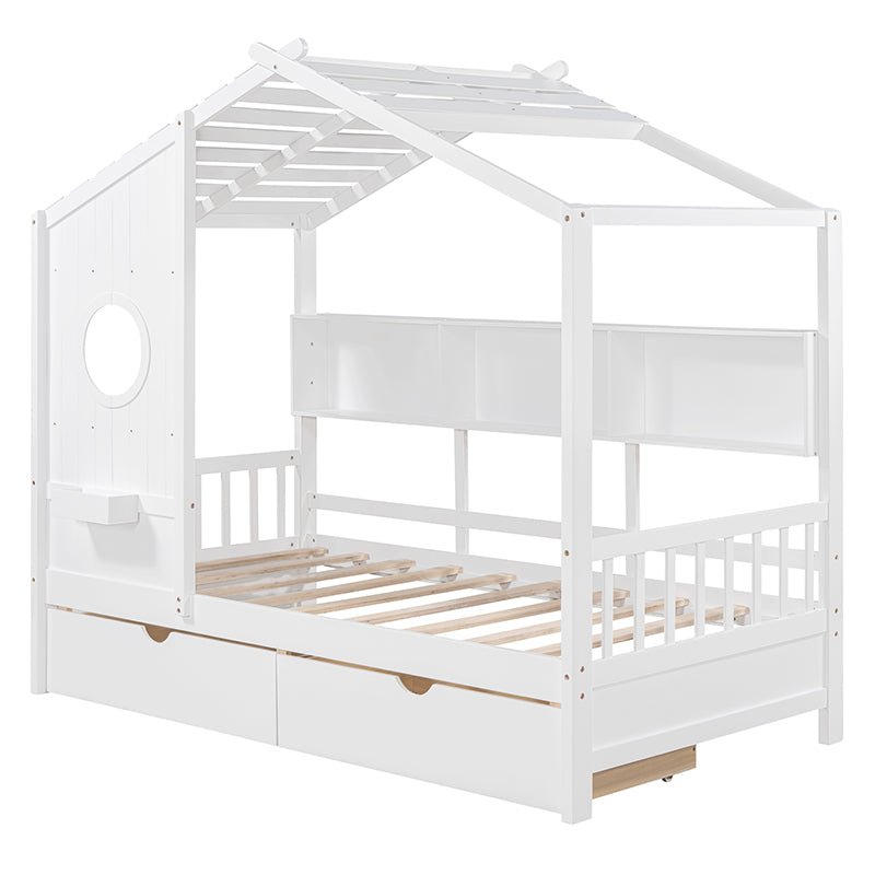 Bellemave® Wooden House Bed with 2 Drawers and Storage Shelf - Bellemave