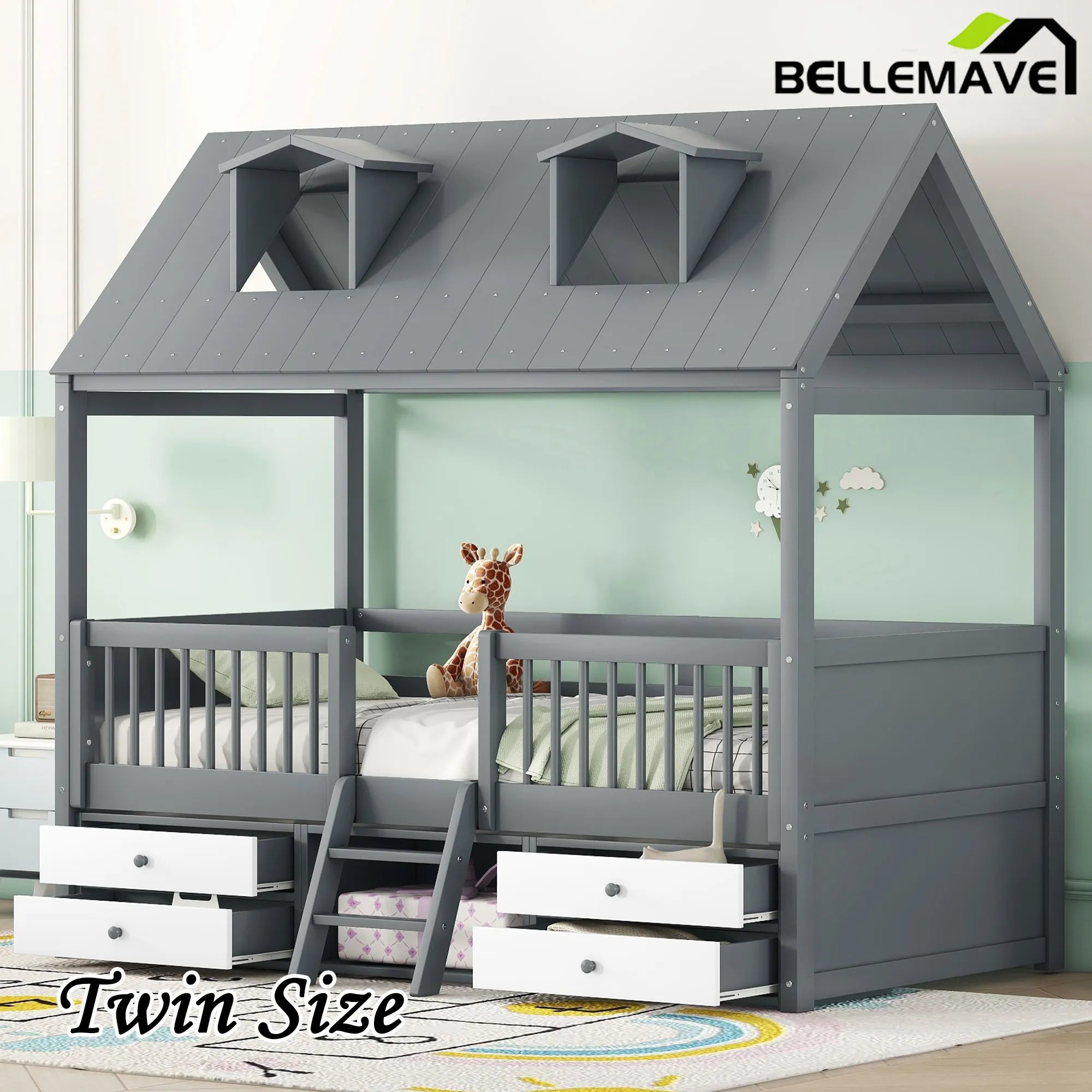 Bellemave® Wooden House Bed with 4 Drawers and Safety Guardrails - Bellemave