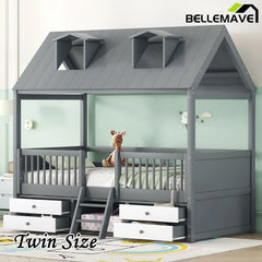 Bellemave® Wooden House Bed with 4 Drawers and Safety Guardrails - Bellemave