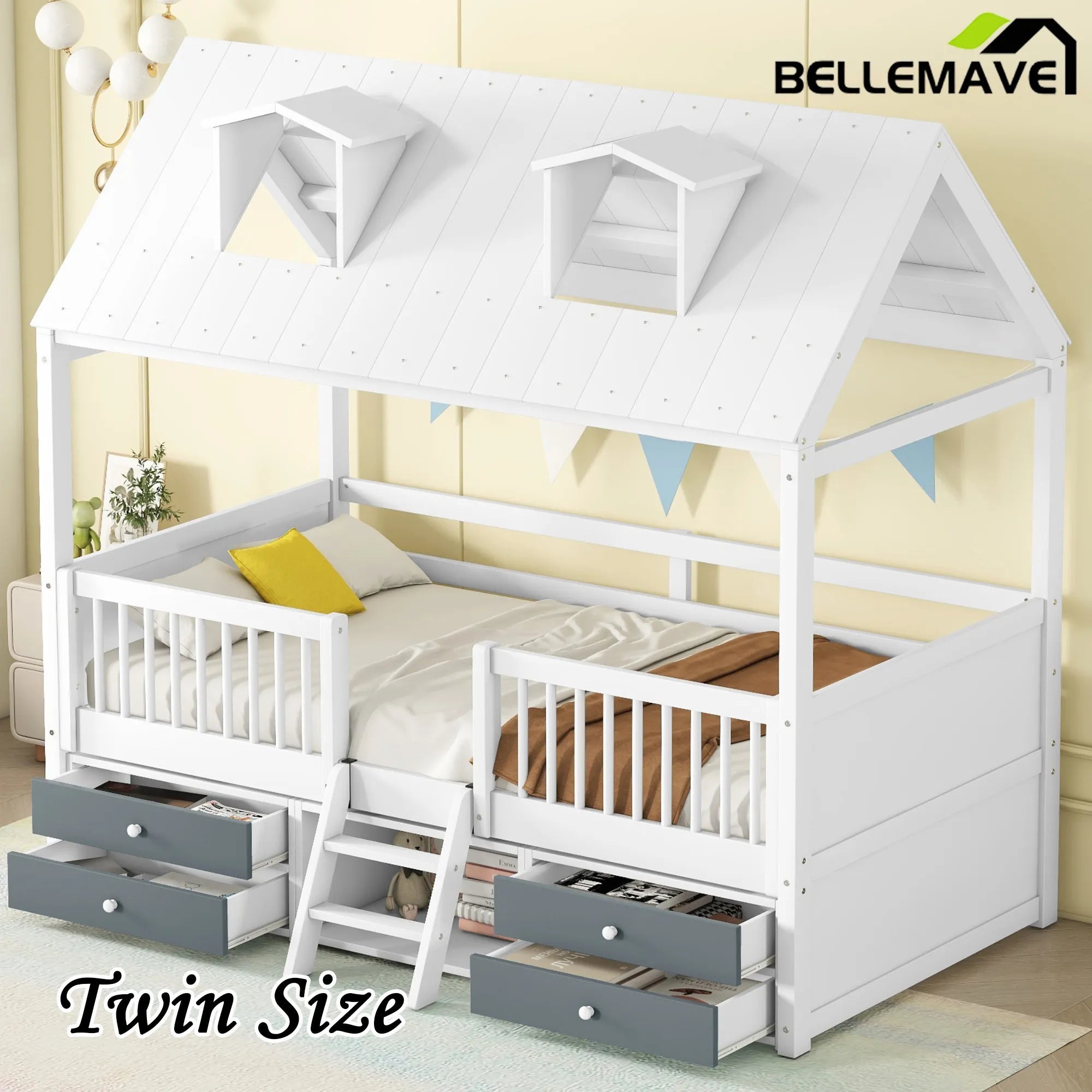 Bellemave® Wooden House Bed with 4 Drawers and Safety Guardrails - Bellemave