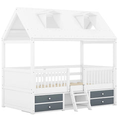 Bellemave® Wooden House Bed with 4 Drawers and Safety Guardrails - Bellemave