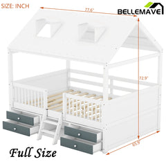 Bellemave® Wooden House Bed with 4 Drawers and Safety Guardrails - Bellemave