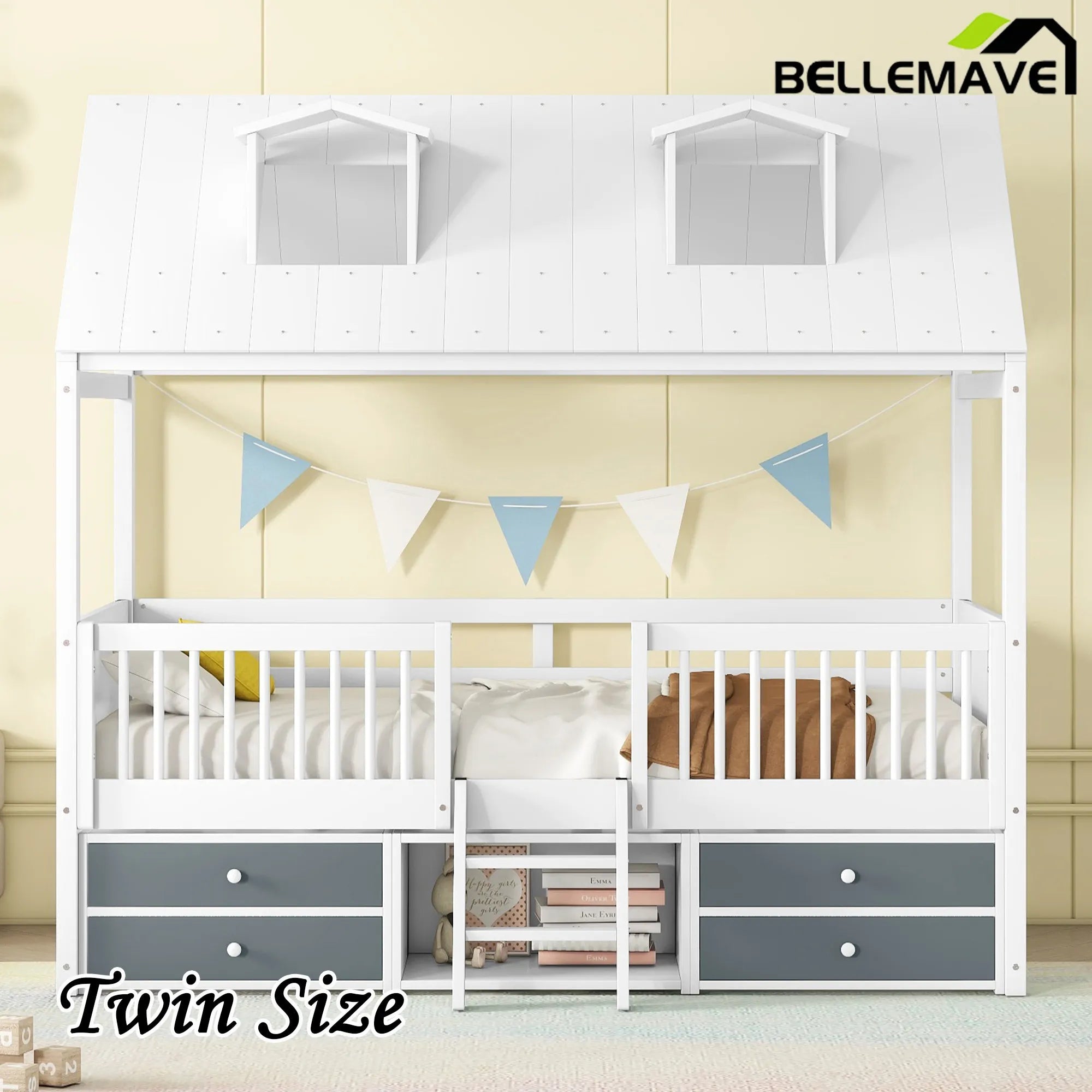 Bellemave® Wooden House Bed with 4 Drawers and Safety Guardrails - Bellemave