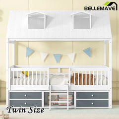 Bellemave® Wooden House Bed with 4 Drawers and Safety Guardrails - Bellemave