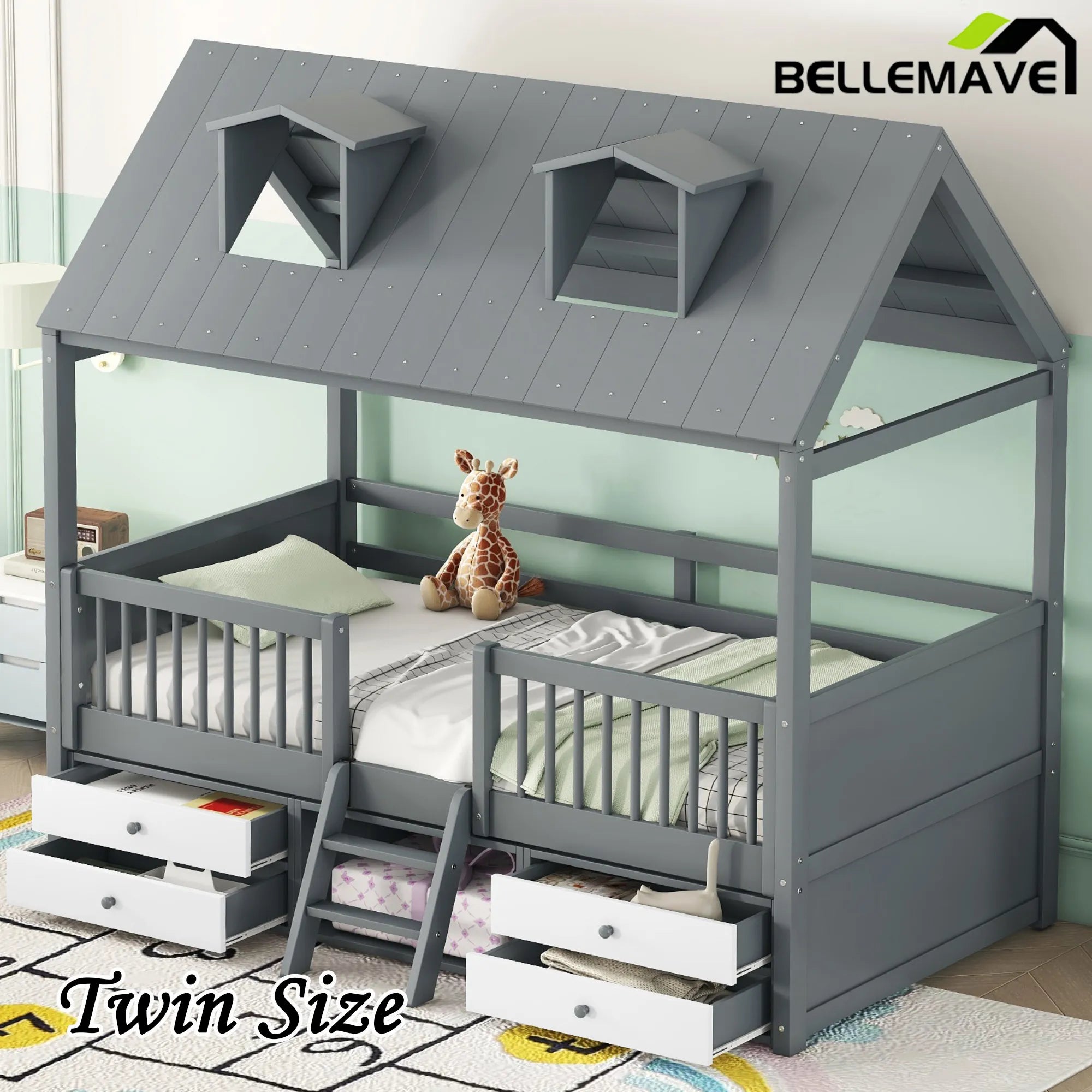 Bellemave® Wooden House Bed with 4 Drawers and Safety Guardrails - Bellemave