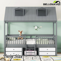 Bellemave® Wooden House Bed with 4 Drawers and Safety Guardrails - Bellemave