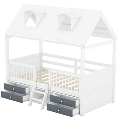 Bellemave® Wooden House Bed with 4 Drawers and Safety Guardrails - Bellemave