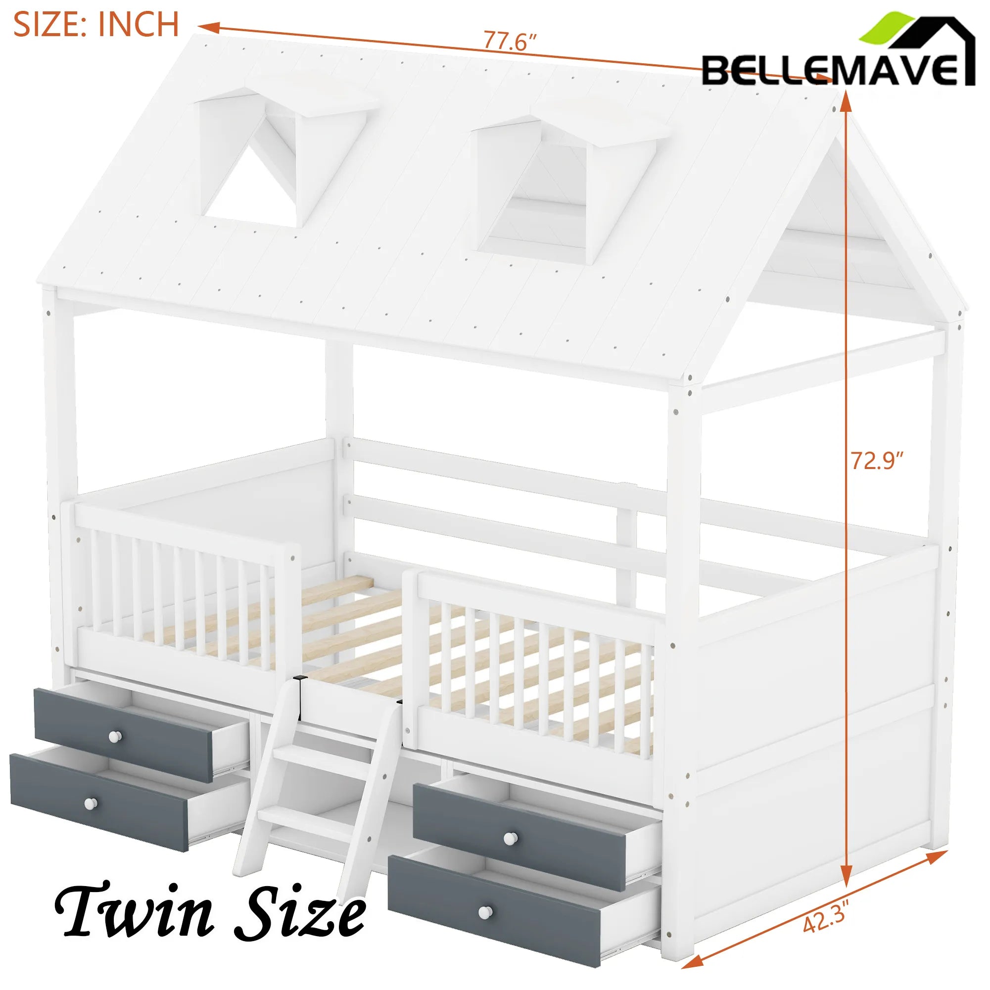 Bellemave® Wooden House Bed with 4 Drawers and Safety Guardrails - Bellemave