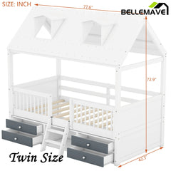Bellemave® Wooden House Bed with 4 Drawers and Safety Guardrails - Bellemave