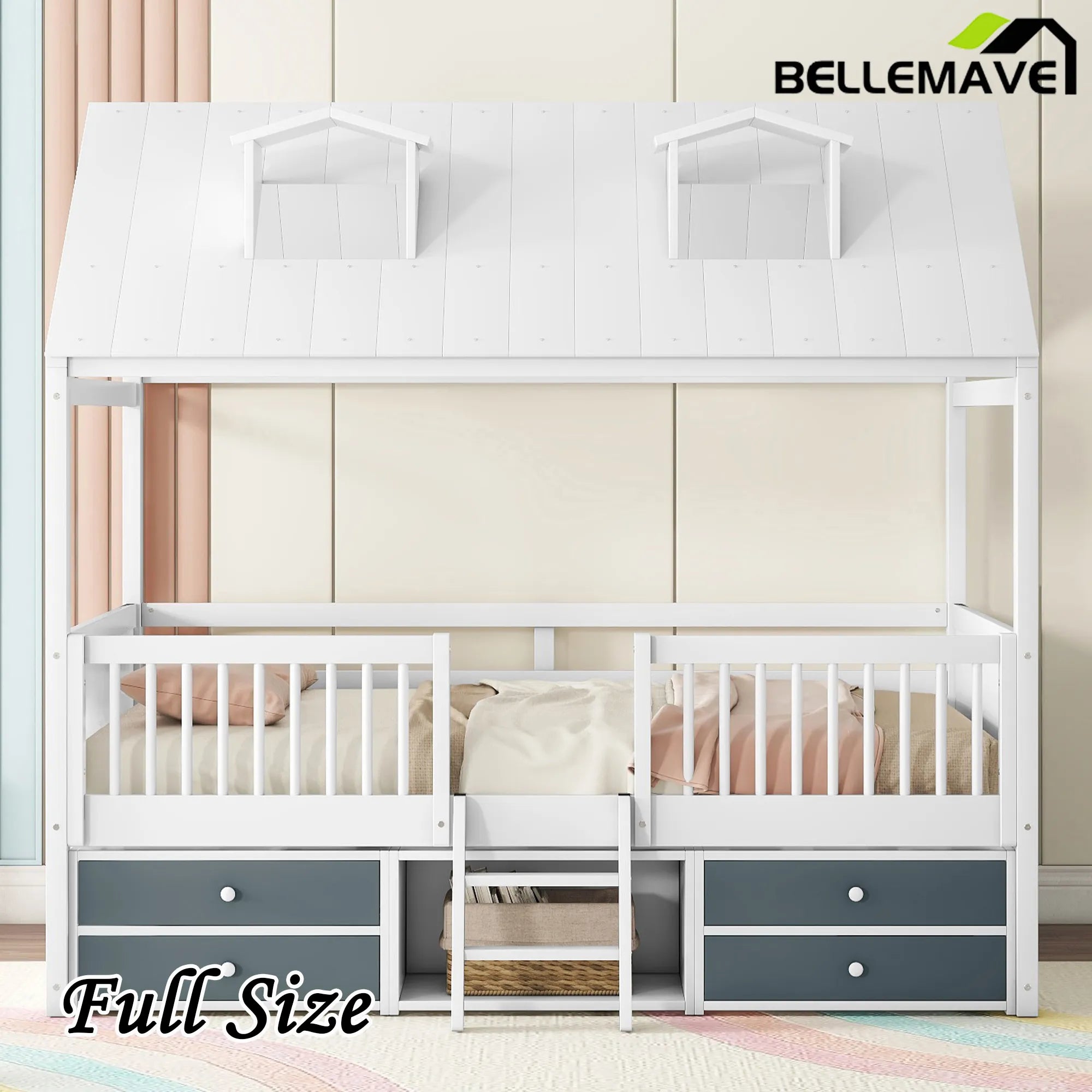 Bellemave® Wooden House Bed with 4 Drawers and Safety Guardrails - Bellemave