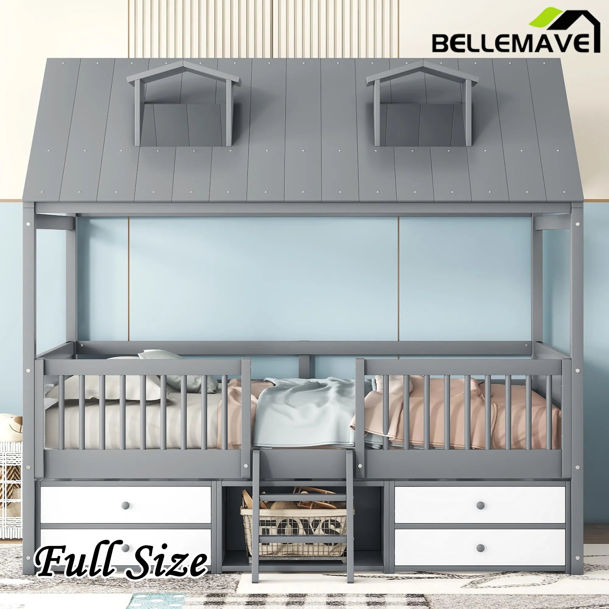 Bellemave® Wooden House Bed with 4 Drawers and Safety Guardrails - Bellemave