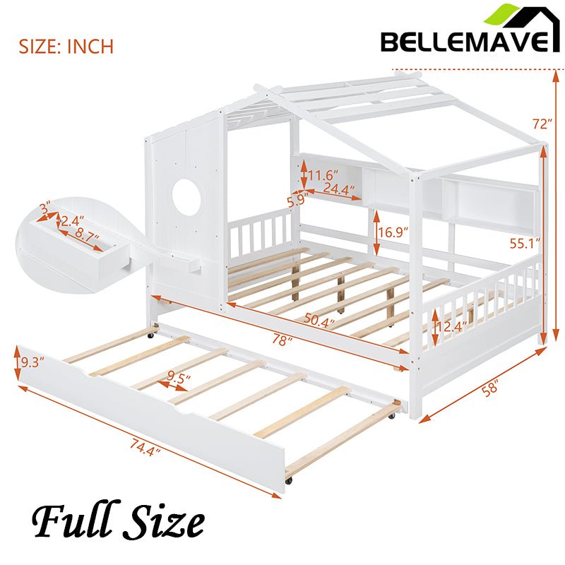 Bellemave® Wooden House Bed with Trundle and Storage Shelf - Bellemave